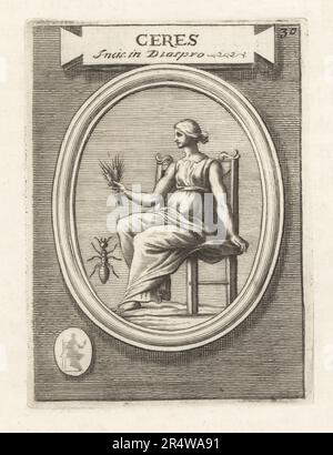 Cérès, déesse romaine du grain et de l'agriculture. Assis sur une chaise tenant des oreilles de blé. Zerene ou la déesse macédonienne Zeirene Eleusia aux Etrusques. D'un joyau gravé de jasper. Ceres Inc. Dans Diaspro. Gravure de plaques de cuivre de Francesco Valesio, Antonio Gori et Ridolfino Venuti’s Academia Etrusca, Musée Cortonense in quo Vetera Monumenta, (Académie étrusque ou Musée de Cortona), Faustus Amideus, Rome, 1750. Banque D'Images