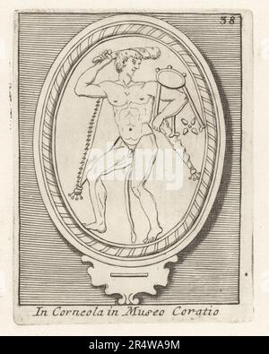 Héros grec Heracles prenant le trépied Delphic. Il tient son club au-dessus de sa tête et porte la peau de lionskin Nemean. D'un bijou cornélien gravé. Hercules Tripodem Auferens à Corneola dans le Museo Coratio. Gravure de plaques de cuivre de Francesco Valesio, Antonio Gori et Ridolfino Venuti’s Academia Etrusca, Musée Cortonense in quo Vetera Monumenta, (Académie étrusque ou Musée de Cortona), Faustus Amideus, Rome, 1750. Banque D'Images