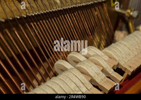 Réparation d'un instrument de musique à cordes. Vue intérieure d'un piano à cordes en laiton et d'un maillet en bois. Un instrument de musique pour le spectacle de musi Banque D'Images