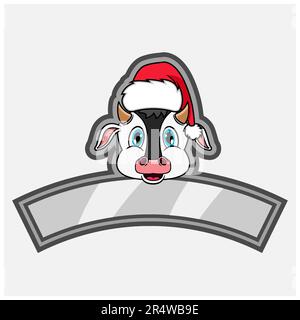 Logo, icône, filigrane, badge, emblème et étiquette à motif tête de vache avec chapeau de Noël. Vecteur et illustration. Illustration de Vecteur