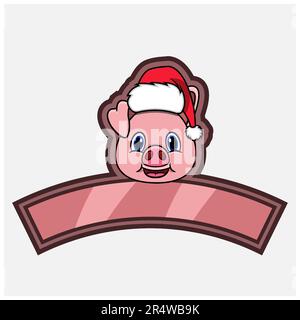 Logo, icône, filigrane, badge, emblème et étiquette PIG Head avec chapeau de Noël. Vecteur et illustration. Illustration de Vecteur