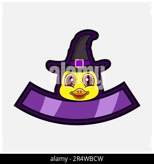 Adorable personnage à tête de canard. Pour logo, icône, badge, emblème et étiquette avec chapeau Witch. Vecteur et illustration. Illustration de Vecteur