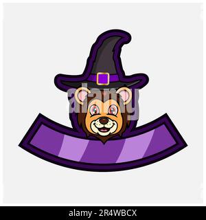 Adorable personnage de Lion Head. Pour logo, icône, badge, emblème et étiquette avec chapeau Witch. Vecteur et illustration. Illustration de Vecteur