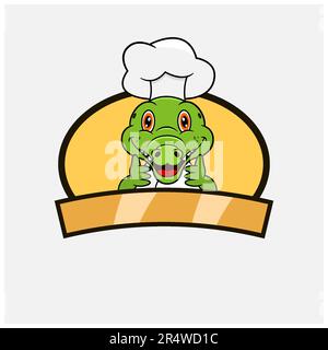Mignon chef de crocodile et thème de cuisine. Mascotte, personnage, logo, étiquette et icône. Vecteur et illustration. Illustration de Vecteur