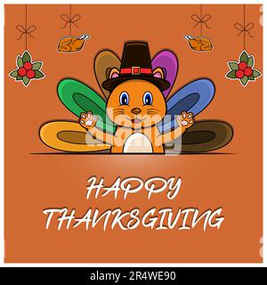 Carte de vœux, affiche ou prospectus Happy Thanksgiving Celebration Design avec le personnage de chat. Vecteur et illustration. Illustration de Vecteur