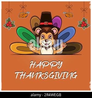 Carte de voeux, affiche ou prospectus Happy Thanksgiving Celebration Design avec personnage Lion. Vecteur et illustration. Illustration de Vecteur