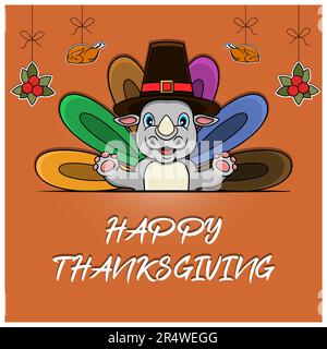 Carte de voeux, affiche ou prospectus Happy Thanksgiving Celebration Design avec personnage Rhino. Vecteur et illustration. Illustration de Vecteur