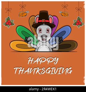 Carte de vœux, affiche ou prospectus de fête de Thanksgiving avec personnage de Donkey. Vecteur et illustration. Illustration de Vecteur