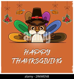 Carte de vœux, affiche ou prospectus de fête de Thanksgiving avec personnage hibou. Vecteur et illustration. Illustration de Vecteur