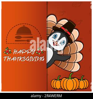 Carte de Thanksgiving avec motif pingouin. Bonne action de grâces. Idéal pour les cartes de vœux, les affiches ou les prospectus. Illustrateur de vecteur Illustration de Vecteur