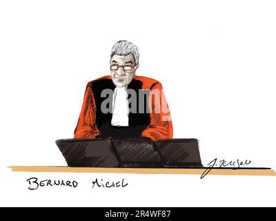 Bruxelles, Belgique. 30th mai 2023. Ce dessin de Jonathan de Cesare montre le procureur belge Bernard Michel lors d'une session du procès des attentats de 22 mars 2016, devant le tribunal d'assises de Bruxelles-capitale, le mardi 30 mai 2023 sur le site de Justitia à Haren, Bruxelles. Sur 22 mars 2016, 32 personnes ont été tuées et 324 ont été blessées lors d'attentats suicide à l'aéroport national de Zaventem et à la station de métro Maalbeek/Maelbeek, qui ont été revendiqués par l'ISIL. BELGA PHOTO JONATHAN DE CESARE crédit: Belga News Agency/Alay Live News Banque D'Images