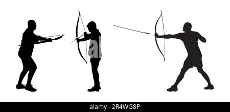 Les silhouettes Archer sont isolées sur fond blanc. Homme archer fléchissant l'arc et la visée dans la cible.Sportsman tient l'arc et la flèche.illustration vectorielle Illustration de Vecteur