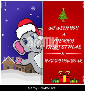 Carte de vœux, prospectus, invitation et affiche de Noël. Chapeau de port à motif éléphant mignon. Vecteur et illustration. Illustration de Vecteur
