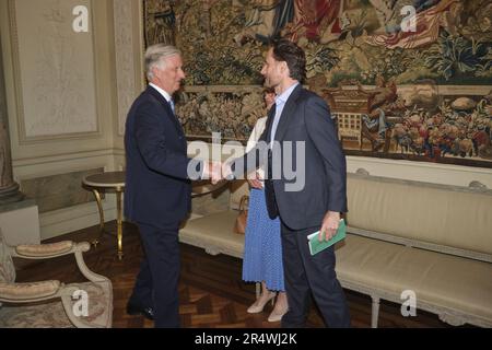 Bruxelles, Belgique. 30th mai 2023. Le roi Philippe - Filip de Belgique et Olivier Vandecastesteele se bousculer lors d'une réunion au château royal de Laken/Laeken, Bruxelles, le mardi 30 mai 2023. Le travailleur humanitaire belge Vandecasteele est arrivé vendredi dernier en Belgique après avoir passé 455 jours dans une prison iranienne. BELGA PHOTO POOL OLIVIER POLET crédit: Belga News Agency/Alay Live News Banque D'Images