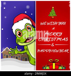Carte de vœux, prospectus, invitation et affiche de Noël. Chapeau de port à motif grenouille mignon. Vecteur et illustration. Illustration de Vecteur