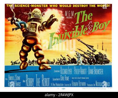 Le garçon invisible, 1957, est un film de science fiction, réalisé par Herman Hoffman, et avec Richard Eyer et Philip Abbott. C'est le deuxième aspect du film de Robby le Robot, le personnage de science-fiction qui "tole le show' dans Planète interdite (1956). Le titre a été précédemment du film S.O.S. vaisseau spatial. Banque D'Images