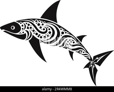 Tatouage de style maori tribal de requin avec éléments ethniques tribaux polynésiens, vecteur noir et blanc isolé sur fond blanc Illustration de Vecteur