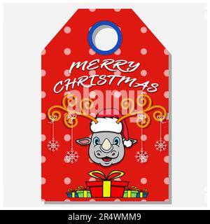 Merry Christmas Happy New Year étiquette dessinée à la main avec joli motif de personnage de tête de rhinocéros. Vecteur et illustration. Illustration de Vecteur