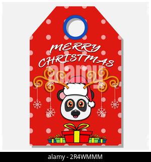 Merry Christmas Happy New Year étiquette dessinée à la main avec joli Panda Head personnage Design. Vecteur et illustration. Illustration de Vecteur