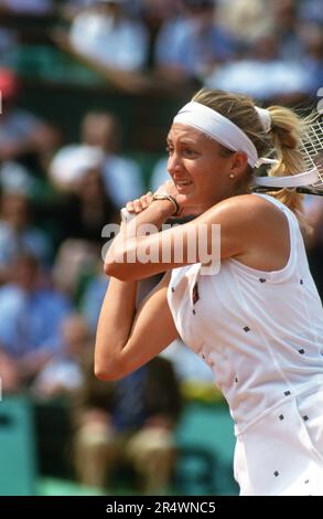 Mary Pierce, joueur de tennis français, lors d'un match féminin de l'Open de France. Stade Roland Garros, mai 1995. Banque D'Images