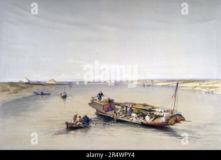 Le Nil, Basra et Dendera', Aquarelle. David Roberts (1796-1864) artiste et orientaliste écossais. Bateau sur le Nil, pyramides en arrière-plan, Egypte. Banque D'Images