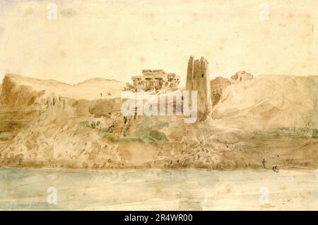 Kum Ombo' Aquarelle par Hector Horeau (1801-1872), architecte français. Vue des ruines de l'Egypte antique temples jumeaux du Nil à environ 28 miles au nord d'Assouan. Banque D'Images