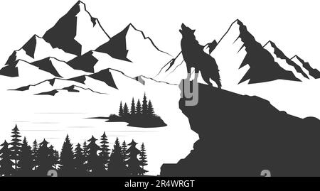 Wolf howls la lune par le lac au paysage de montagne et forêt illustration vecteur EPS10 Illustration de Vecteur