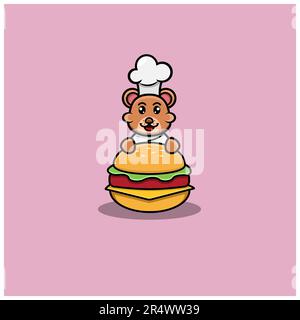 Adorable chef ours avec hamburger. Personnage, logo, icône, dessin animé et inspiration. Vecteur et illustration. Illustration de Vecteur