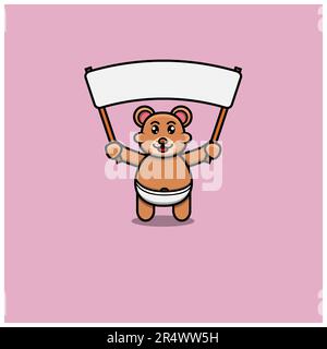 Joli petit ours avec grande bannière vierge. Personnage, logo, icône, dessin animé et inspiration. Vecteur et illustration. Illustration de Vecteur