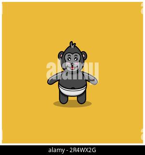 Mignon bébé King Kong. Personnage, mascotte, icône, logo, dessin animé et dessin mignon. Vecteur et illustration. Illustration de Vecteur