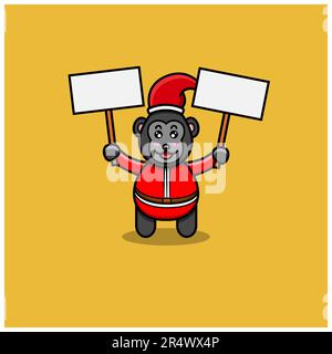 Mignon bébé King Kong avec Santa Clause Costume et apportez deux bannières vierges. Personnage, mascotte, icône, logo, dessin animé et dessin mignon. Vector et Illustra Illustration de Vecteur