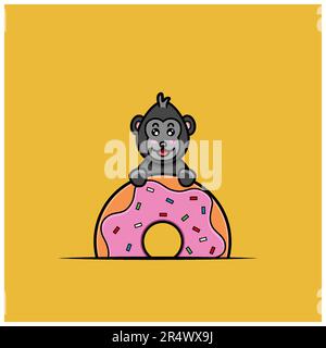 Mignon bébé King Kong avec beignets. Personnage, mascotte, icône, logo, dessin animé et dessin mignon. Vecteur et illustration. Illustration de Vecteur