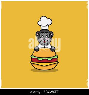 Mignon bébé King Kong Chef sur Hamburger. Personnage, mascotte, icône, logo, dessin animé et dessin mignon. Vecteur et illustration. Illustration de Vecteur