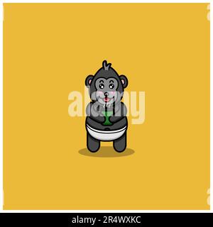 Adorable bébé King Kong avec un thé. Personnage, mascotte, icône, logo, dessin animé et dessin mignon. Vecteur et illustration. Illustration de Vecteur