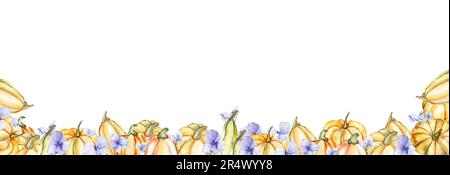 Arrière-plan horizontal sans couture aquarelle avec hortensia et citrouilles bleues. Illustration dessinée à la main . Parfait pour la scrapbooking, le design des enfants, le mariage i Banque D'Images