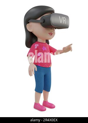 3D image rendue d'une jeune fille de dessin animé portant un casque de réalité virtuelle sous différents angles Banque D'Images