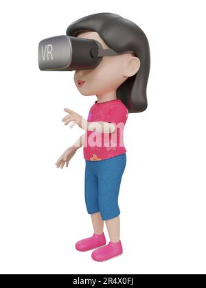 3D image rendue d'une jeune fille de dessin animé portant un casque de réalité virtuelle sous différents angles Banque D'Images