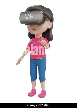 3D image rendue d'une jeune fille de dessin animé portant un casque de réalité virtuelle sous différents angles Banque D'Images