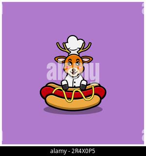 Mignon Chef de cerf de bébé personnage wtih hotdog. Personnage, mascotte, icône, et mignon Design. Vecteur et illustration. Illustration de Vecteur