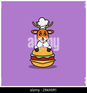 Adorable Chef de cerf de bébé avec hamburger. Personnage, mascotte, icône, et mignon Design. Vecteur et illustration. Illustration de Vecteur