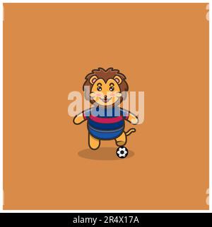 Joli ballon de football Baby Lion. Personnage, mascotte, icône, logo, dessin animé et dessin mignon. Vecteur et illustration. Illustration de Vecteur