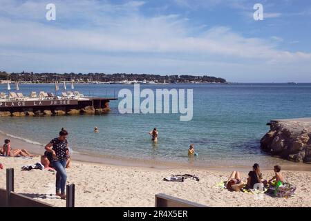 France, Provence-Alpes-Côte d'Azur, Antibes Juan-les-Pins, plage avec touristes bronzer et nager dans la mer. Banque D'Images