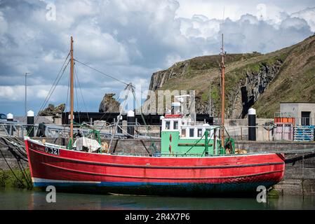 Vue rapprochée d'un bateau de pêche amarré dans le port de Sherkin Island avec les falaises de mer en arrière-plan ; West Cork, Irlande Banque D'Images