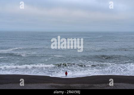 Vue lointaine, prise de derrière, d'une femme debout sur la plage au bord de l'eau regardant au-dessus de l'océan ouvert à l'infini alors que les vagues brisent ... Banque D'Images