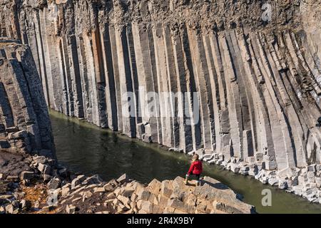 Femme debout sur le bord d'une falaise rocheuse regardant les colonnes de basalte du canyon de Stuðlagil dans le nord-est de l'Islande, créant un... Banque D'Images