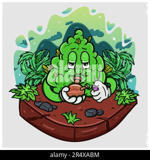 Caricature mascotte de Weed Bud avec Smoking Glass Bong dans la forêt de Cannabis. Vecteur et illustration Illustration de Vecteur