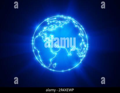 Planète Terre éclatante avec les contours des continents sur un fond bleu profond. Globe terrestre avec vue sur l'Eurasie et l'Afrique Banque D'Images