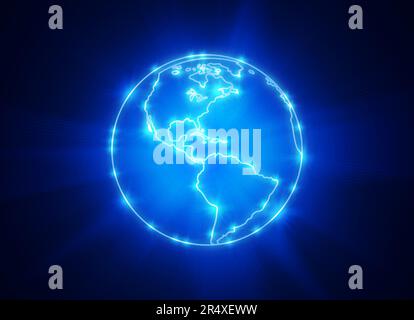 Planète Terre éclatante avec les contours des continents sur un fond bleu profond. Globe terrestre avec vue sur l'Amérique Banque D'Images