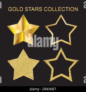 Collection Gold Stars. Ensemble de 4 étoiles dorées différentes à cinq points. Illustration de Vecteur
