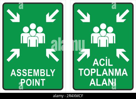 Panneau vecteur de point d'assemblage, zone de réunion d'urgence en cas d'incendie (version anglaise et turque). Illustration de Vecteur